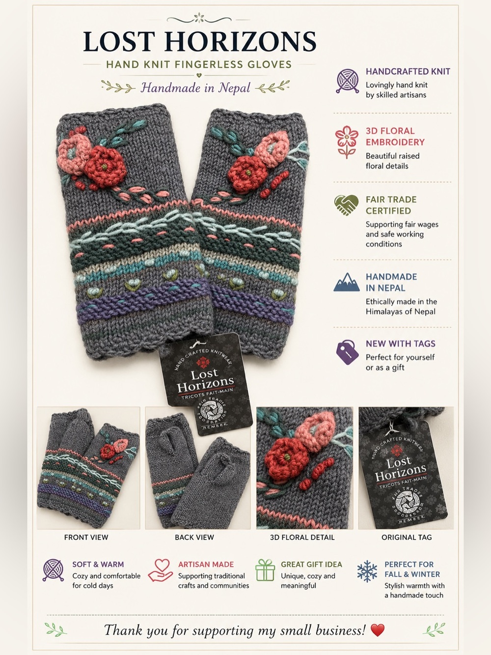 Lost Horizons Hand Knit Fingerless Gloves Gray Floral Fair Trade Nepal NWT